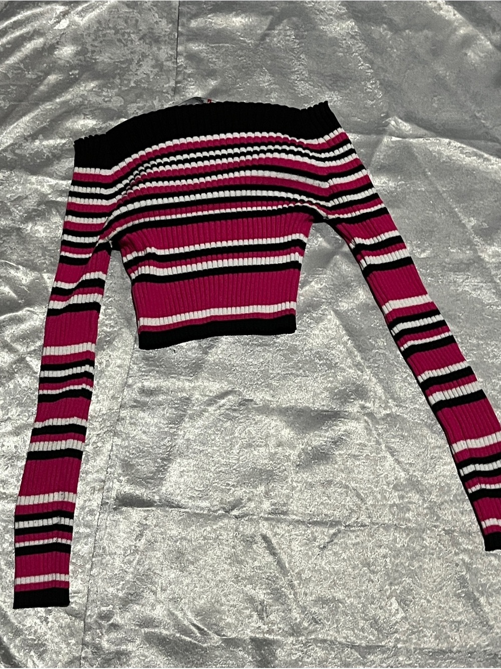 Roma Striped Off-Shoulder Cropped Sweater in Magenta, Black and White - Picture 3 of 4